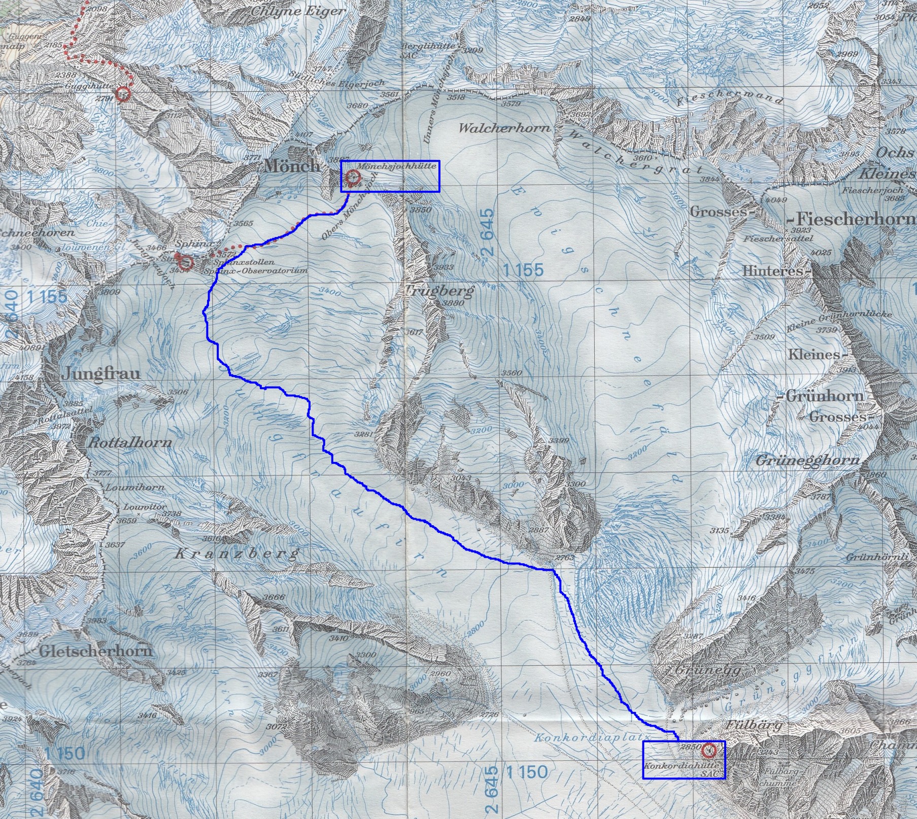 Croquis del recorrido entre el Refugio de Konkordia y el Refugio de Mönchjoch, por todo el Glaciar Aletsch y acercándonos al Jungfraujoch